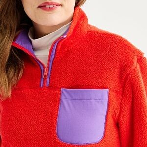 Red Fleece Pullover with Purple Pocket